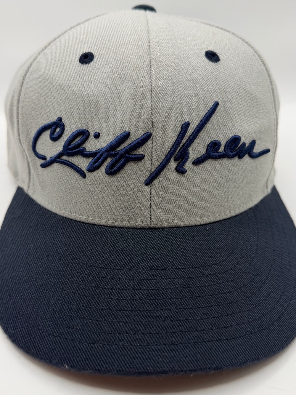Cliff Keen Signature Flat Bill Hat Wrestling Script Logo Grey Navy Blue